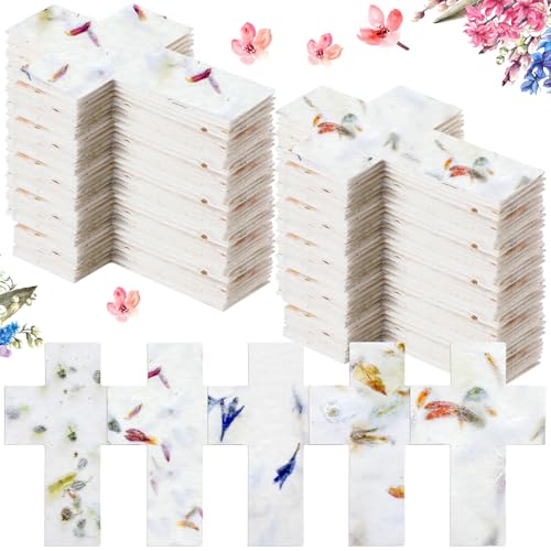 100 Pcs Handmade Wildflower Seed Paper Tags,Cross Shape | Recycled Flower Petal Hearts and Butterflies for Wedding Favors, Envelopes, Cards and Birthday Crafts - style: Cross Shape