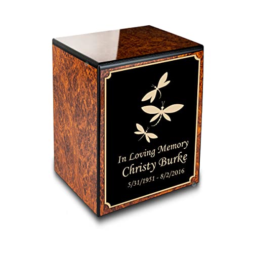 GetUrns Custom Dragonfly Small Urn Box for Human Ashes I Personalized Wooden Keepsake Cremation Urn for Male or Female I Burl Wood Memorial Box I 40lbs - color: Dragonfly