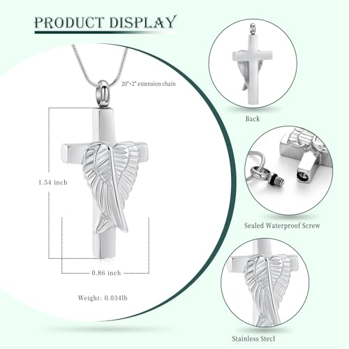 Cross Cremation Jewelry Urn Necklaces Cross Angel Wings Urn Necklaces for Ashes Memorial Keepsake Pendant for Women Men Gifts With Funnel Kit & Bag - color: Silver
