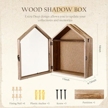 Cinnvoice 11 x 14 Inch Extra Deep Shadow Box Frame Depth 4.72in Large Shadow Box Display Cases with Linen Back and Removable Shelf House Shaped Picture Frame Wedding Bouquet Display for Picture Flower