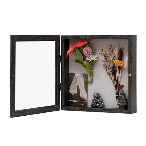 10x10 Shadow Box Frame with Linen Back, Wood Glass Display Case for Medals, Photos, Memorabilia, Awards - Pins Included- Charcoal - color: Charcoal, size: 10x10