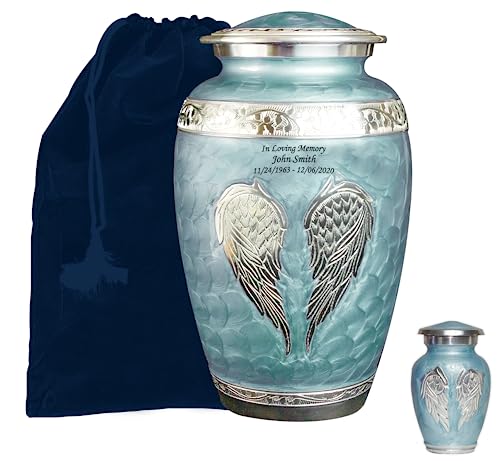 Custom Engraved Angel Wings Funeral Cremation Urn with Matching Keepsake and Velvet Bag (Sky Blue, Large) - color: Sky Blue, size: Large
