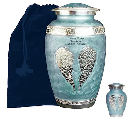 Custom Engraved Angel Wings Funeral Cremation Urn with Matching Keepsake and Velvet Bag (Sky Blue, Large) - color: Sky Blue, size: Large