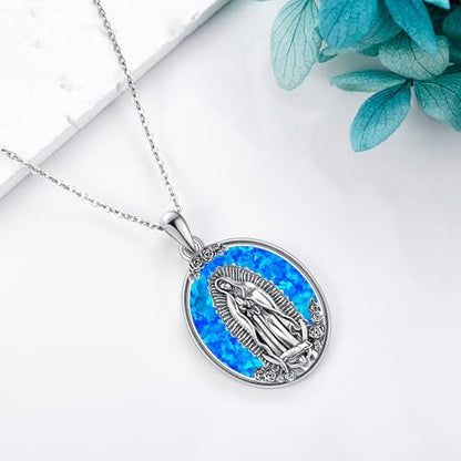 YAFEINI Virgen De Guadalupe Necklace 925 Sterling Silver Mother Mary Necklace Virgencita Jewelry Thanksgiving Day Gifts for Women - style: Blue Opal