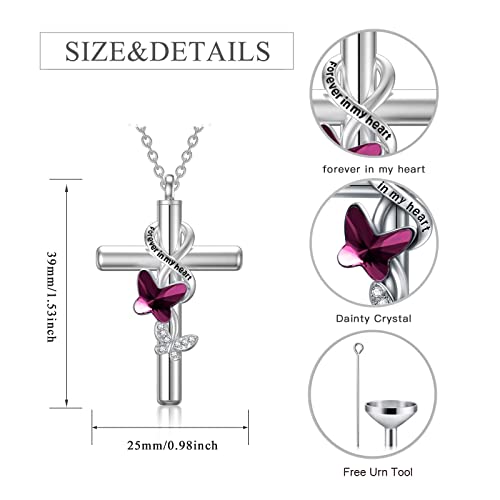 Cross Urn Necklace for Ashes 925 Sterling Silver Cremation Jewelry with Funnel Filler Kit Ashes Necklace for Human Women Girl Pets - color: A_Purple Butterfly Urn Necklace, style: Personalized