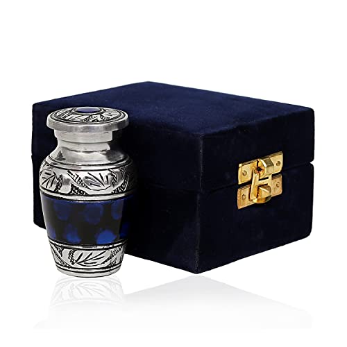 HLC Lovely Small Keepsake Urn - Blue Brass Hand Engraved Mini Memorial Affordable Keepsake Urn for Human Ashes (3 cu.in)