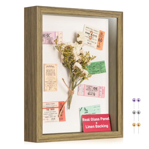 8x10 Shadow Box Frame with Ultra-Clear Glass & Soft Linen Back | With Push Pins and Stand, Deep 1.2" Brown Shadow Box Display Case – Display on Tabletop or Wall for Photo, Flower, Keepsakes - color: Brown+high Definition Panel + Shatter-proof Packaging, s