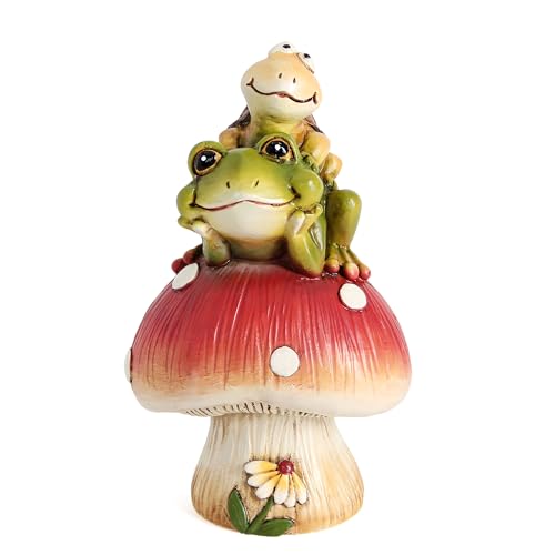 Leekung Turtle Riding Frog Sitting On Mushroom for Garden Decor, Frog Statue&Mushroom Figurines for Outdoor Garden Backyard Yard Porch Patio Lawn, Spring Decorations Gardening Gifts for Women Unique - color: Green