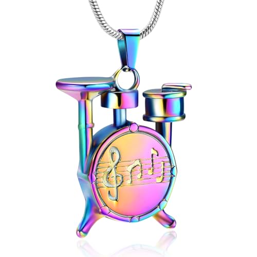 Drum Urn Necklace for Ashes Music Cremation Jewelry for Women Men Stainless Steel Memorial Necklaces Ash Holder for Human Pets Keepsake Jewelry for Loved Ones with Fill Tool - color: Rainbow