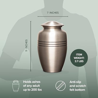 Eternal Harmony Large Urn for Ashes, Adult Male & Female Cremation Vase for Human Ashes, Secure Seal & Velvet Bag, Funeral Vase for Men & Women Up to 200 lbs, 7x11” (Large, Silver)