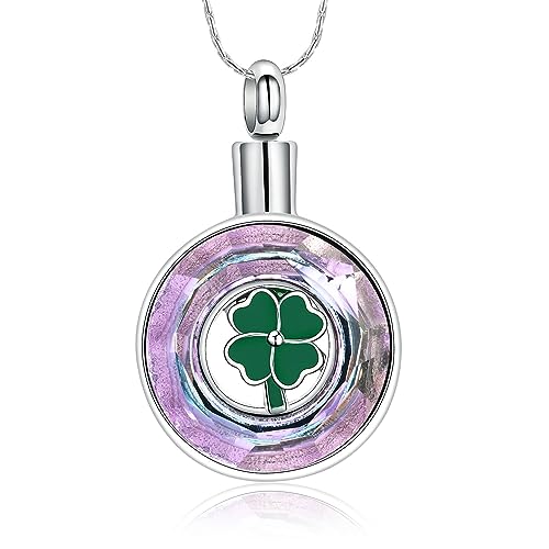constantlife Cremation Jewelry Memorial Urn Necklace for Ashes Lucky Four-Leaf Clover Design Stainless Steel Pendant Keepsake - color: Z-Pink Crystal
