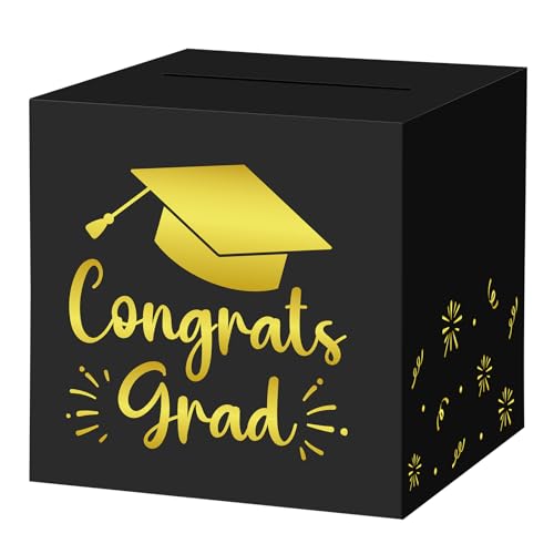 Hooqict Graduation Card Box with Slot 9.1" Congrats Grad Black Gold Money Card Box for Class of 2026 Graduation Decorations Money Envelope Gifts Cards Holder Grad Party Supplies - color: Graduation Black