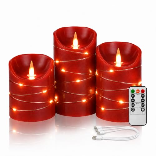 Rechargeable LED Candles, Real Wax, 4 5 6 in,Red, 3 Pack | USB Rechargeable Real Wax Candles with Remote, Timer and Star Lights - color: Red