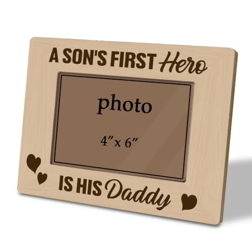 Daddy and Son Picture Frame for 4 x 6 Photo, Rustic Wooden Desk Display with “A Son’s First Hero Is His Daddy” Quote, Heartwarming Father’s Day Gift - color: Father08