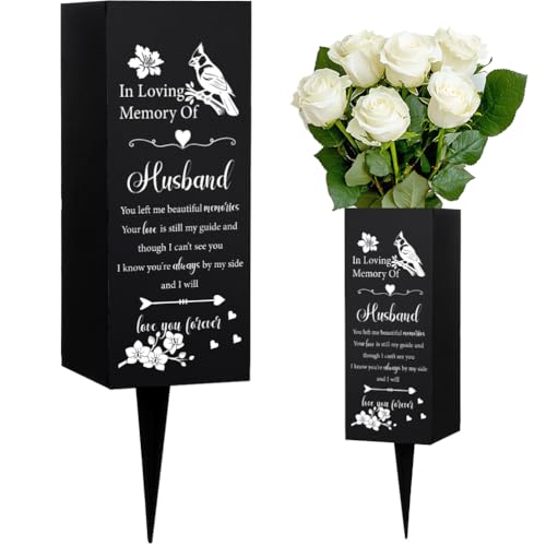 WEBEEDY Husband Metal Cemetery Vase with Spike for Grave, Cardinal Cemetery Flower Holder Decorations with Holes for Memorial Day Sympathy Funeral Gift for Loss of Loved Ones, 3.1x7.9 Inch, 1pc - color: Cardinal, Husband
