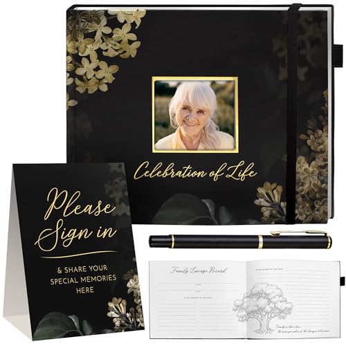 Funeral Guest Book with Pen and Table Sign, Black Memorial Service Guest Book 10 x 8 Inches, 120 Pages for 360 Entries, Celebration of Life Memory Book