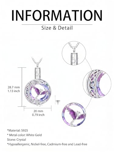 TOUPOP Phoenix Urn Necklace Cremation Jewelry for Ashes 925 Sterling Silver Crystal Phoenix Pendant with Funnel Filler Memorial Jewelry Gifts for Women - color: 02-Purple Phoenix