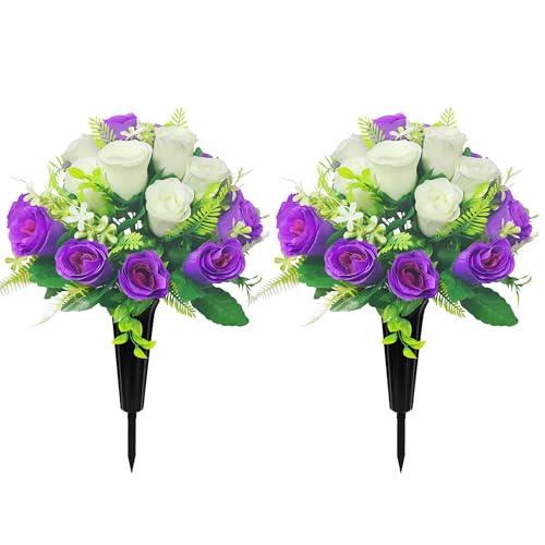 Artificial Cemetery Flowers,Cemetery Flowers for Grave,Outdoor Grave Decorations Roses,Memorial Flowers Bouquet with Cemetery Vase for Headstone Tombstone Decoration,2 Sets (Purple White) - color: Purple White