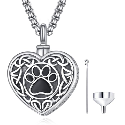 Pet Cremation Urn Necklace for Dog Cat Ashes 925 Sterling Silver Paw Print Keepsake Pendant Celtic Knot Memorial Jewelry for Women Men - style: 00C-Heart Urn-(Silver)