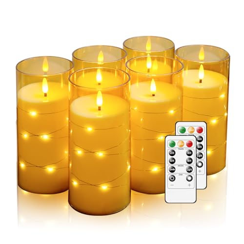 Amber Flickering Flameless Candles with Remote Timer, 6 pcs LED Battery Operated Candles with String Lights, Same Size D3 H6 - color: Amber