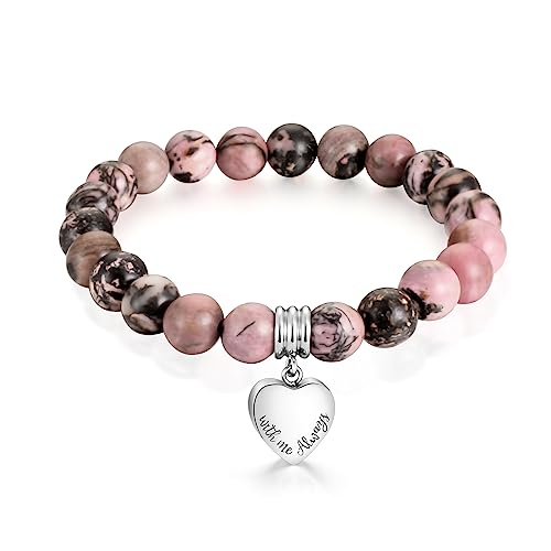 XIUDA Heart Cremation Memorial Urn Bracelet 316L Stainless Steel Keepsake Jewelry Urn Bracelet for Ashes for Women-With Me Always - style: Rhodochrosite