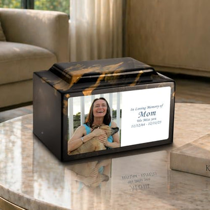 GetUrns Cultured Marble Urn Vault by Mackenzie with Personalized Picture and Text for Human Ashes I Black & Gold Adult Urns for Male and Female I 210lbs - color: Black & Gold