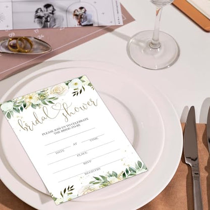 Bridal Shower Invitations, 25 Creamy Rose Invites with Envelopes for Bridal Shower Reception Engagement Party, Greenery Gold Wedding Party Cards - B15 - style: Greenery Gold