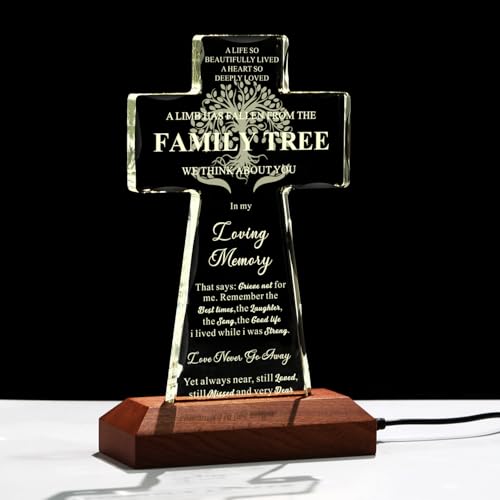 BLUEBOOK Sympathy Gifts for Loss of Loved One - Family Tree Religious K9 Crystal Cross 4.3x7 Inch,Memorial Gifts for Loss of Mom Dad with Laser Engraving,Condolences Bereavement Remembrance Gift in Memory of Pet Dog Cat - style: LED Glass Cross-Tree Light