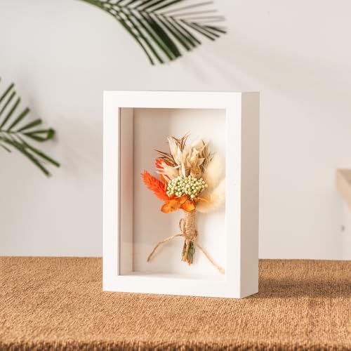 4x6 Small Shadow Box Frame with Ultra-Clear Glass & Soft Linen Back | With Push Pins and Stand, Deep 1.2" White Shadow Box Display Case – Display on Tabletop or Wall for Photo, Flower, Keepsakes - color: White+high Definition Panel + Shatter-proof Packagi