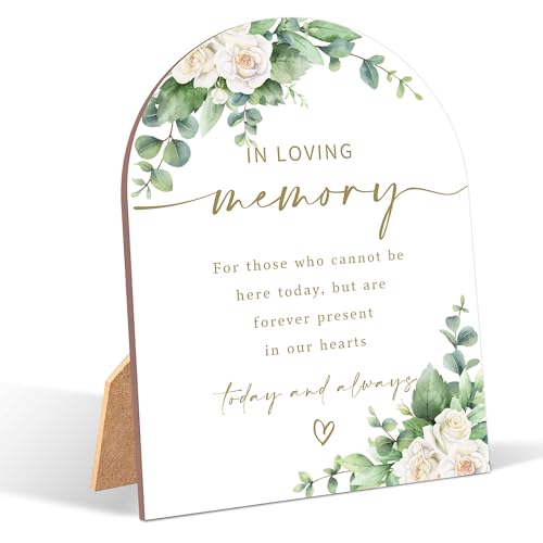 White Rose In Loving Memory Sign, Wedding Ceremony Signs, 6 x 8 Inch Arch Wooden Tabletop Sign with Stand, Wedding Reception Decoration Supplies (BJ04) - color: In Loving Memory