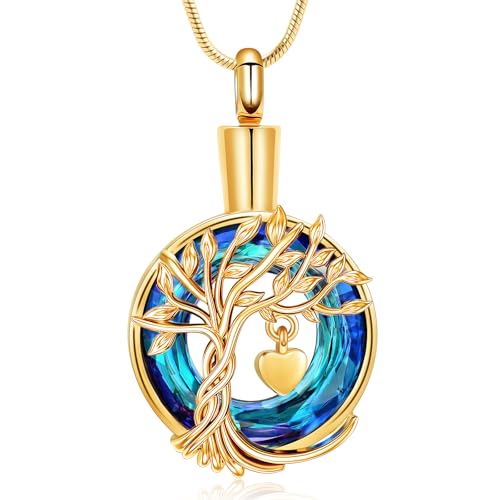 Hearbeingt Teardrop Urn Necklaces for Ashes Tree of Life Memorial Locket - color: Tree of Life-Gold blue