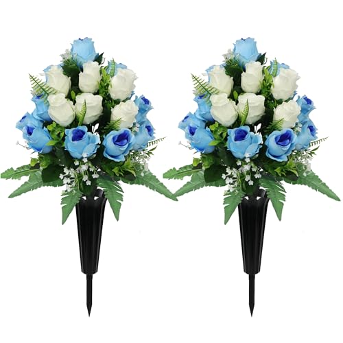 2 Sets Artificial Cemetery Flowers for Grave,Realistic Grave Flowers for Cemetery,Silk Rose with Vase for Headstone Tombstone Decoration Easy fit (Blue White) - color: Blue White