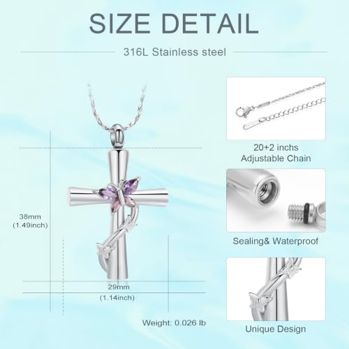 Butterfly Cross Urn Necklace for Ashes Birthstone Cremation Jewelry for Men Women Ashes Pendant Keepsake Memorial Ash Jewelry - color: Silver-Purple