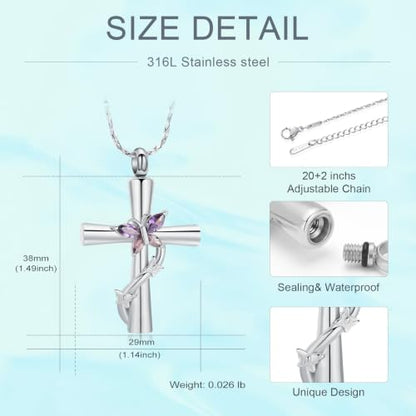 Butterfly Cross Urn Necklace for Ashes Birthstone Cremation Jewelry for Men Women Ashes Pendant Keepsake Memorial Ash Jewelry - color: Silver-Purple