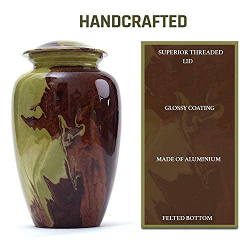 BOLD & DIVINE Beautiful Hand-Painted Adult Cremation Urn | 200 Cubic Inches | Urn Vase with Velvet Pouch - color: Green and Brown