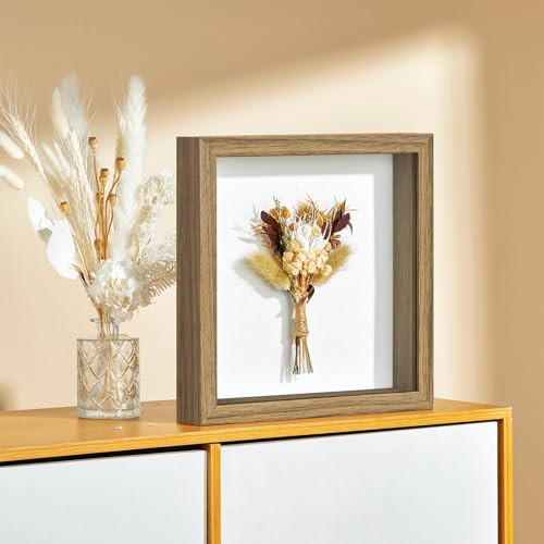 10x10 Shadow Box Frame with Ultra-Clear Glass & Soft Linen Back | With Push Pins and Stand, Deep 1.2" Brown Shadow Box Display Case – Display on Tabletop or Wall for Photo, Flower, Keepsakes - color: Brown+high Definition Panel + Shatter-proof Packaging,
