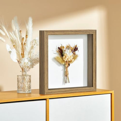 10x10 Shadow Box Frame with Ultra-Clear Glass & Soft Linen Back | With Push Pins and Stand, Deep 1.2" Brown Shadow Box Display Case – Display on Tabletop or Wall for Photo, Flower, Keepsakes - color: Brown+high Definition Panel + Shatter-proof Packaging,