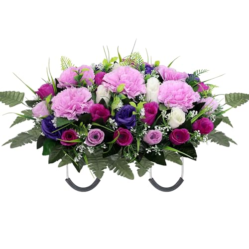 Artificial Cemetery Flower Saddle for Headstones,Grave Saddle Headstone Decorations,Rose and Carnation Memorial Day Grave Decor, Fade-Resistant (Purple) - color: Purple
