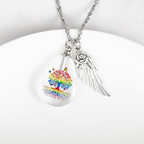 Teardrop Urn Necklace for Ashes, Resin Memorial Pendant with Keepsake | Teardrop Shape, Clear Resin Design, Nature Inspired Artwork, Screw Closure, Holds Ashes, Filling Kit & Box Included - color: Rainbow Tree