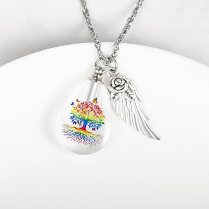 Teardrop Urn Necklace for Ashes, Resin Memorial Pendant with Keepsake | Teardrop Shape, Clear Resin Design, Nature Inspired Artwork, Screw Closure, Holds Ashes, Filling Kit & Box Included - color: Rainbow Tree