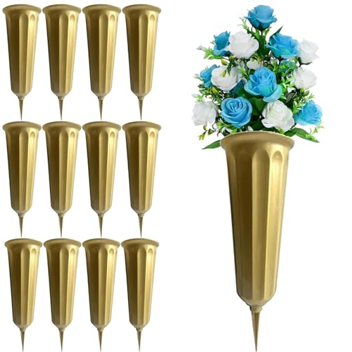 Cemetery Vases for Grave Flower Holder for Cemetery Plastic Cemetery Vases with Spikes 12 Pack Memorial Flower Vase Cemetery Decorations for Grave Decorations - color: Gold