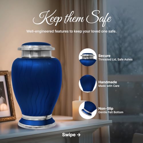 Family Tribute Set of Cremation Urn for Human Ashes Male & Female with 1 Large Urn, 1 Small Keepsake & 1 Silver & 1 Black Cross Necklace- Hotep Tropical Blue - color: Hotep Tropical Blue Set