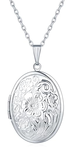 Gold Oval Flower Locket Necklace that Holds Pictures Photo Locket Pendant - color: SilverOval