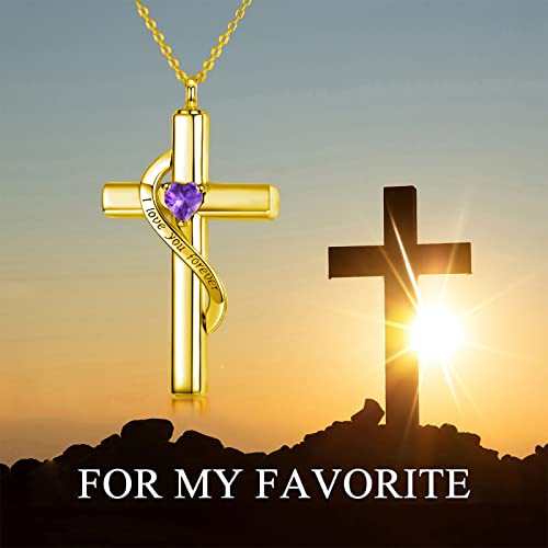 SOULMEET Personalize Solid 10k 14k 18k Real Gold Birthstone Cross Locket for Ashes, Simulated Gemstone Cross Urn Necklaces with Gold Chain Keepsake Cremation Jewelry - style: B-Gold February