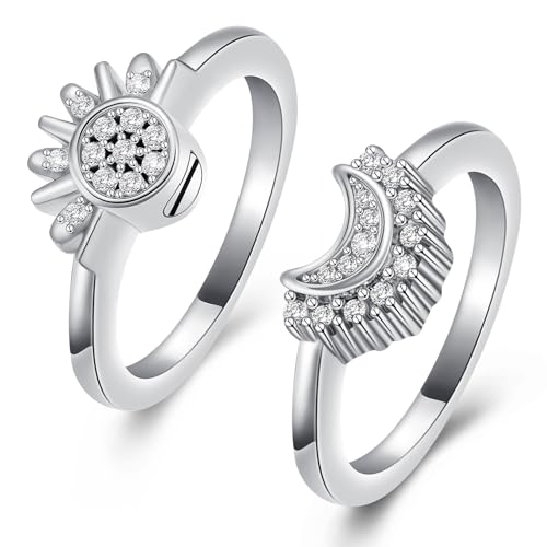 Cremation Jewelry for Ashes Rings - Celestial Sun and Moon Ring Set,Sparkling Sun Ring/Blue Moon Ring/Silver Plating,Friendship Promise Ring,Stackable Celestial Rings,Gift for Women/Girls - color: Silver, size: 5
