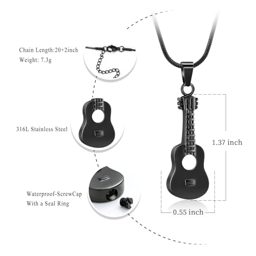 Oinsi Guitar Urn Necklace for Ashes Cremation Pendants Jewelry Ashes Holder Memorial Urn Necklace Cremation Jewelry for Human with Filling Kits - color: Black