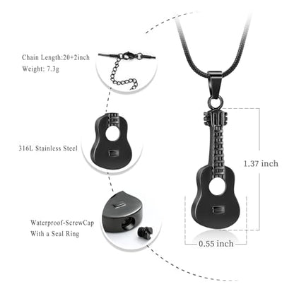 Oinsi Guitar Urn Necklace for Ashes Cremation Pendants Jewelry Ashes Holder Memorial Urn Necklace Cremation Jewelry for Human with Filling Kits - color: Black