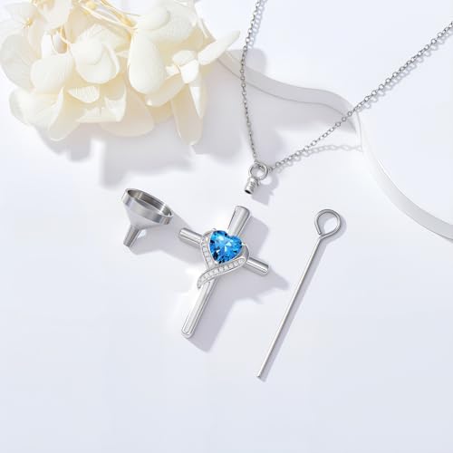TOUPOP Cross Urn Necklaces for Ashes Birthstone Cremation Jewelry 925 Sterling Silver Cross Memorial Keepsake Funeral Jewelry for Women (with Funnel Filler) - color: 12-December-Topaz