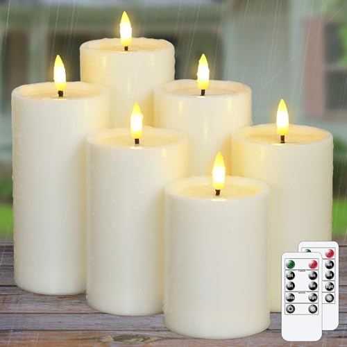Yeelida Outdoor 6pcs Flameless Waterproof Candles with Handy Remote Control, Cycle Timer Battery Operated Candle Grease Effect LED Flickering Pillar Plastic Long Lasting (Ivory, 3" x4" 5" 5" 6" 6" 7") - color: Ivory, size: 4" 5" 5" 6" 6" 7"