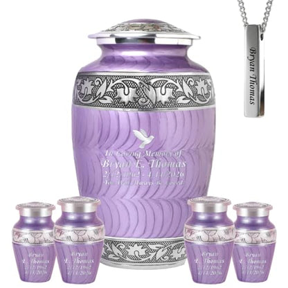 Set of 6 Custom Engraved Purple Cremation & Funeral Urns for Ashes for Women & Men - Includes 1 Custom Engraved Large Purple Urn with 4 Small Keepsakes & 1 Necklace - color: Custom Purple Patch Set